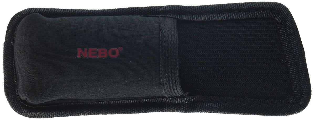 Black stretch fabric NEBO flashlight holster laid flat, with red lettering