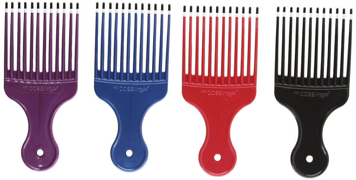 Four hair lift combs in purple, blue, red and black with long tipped teeth
