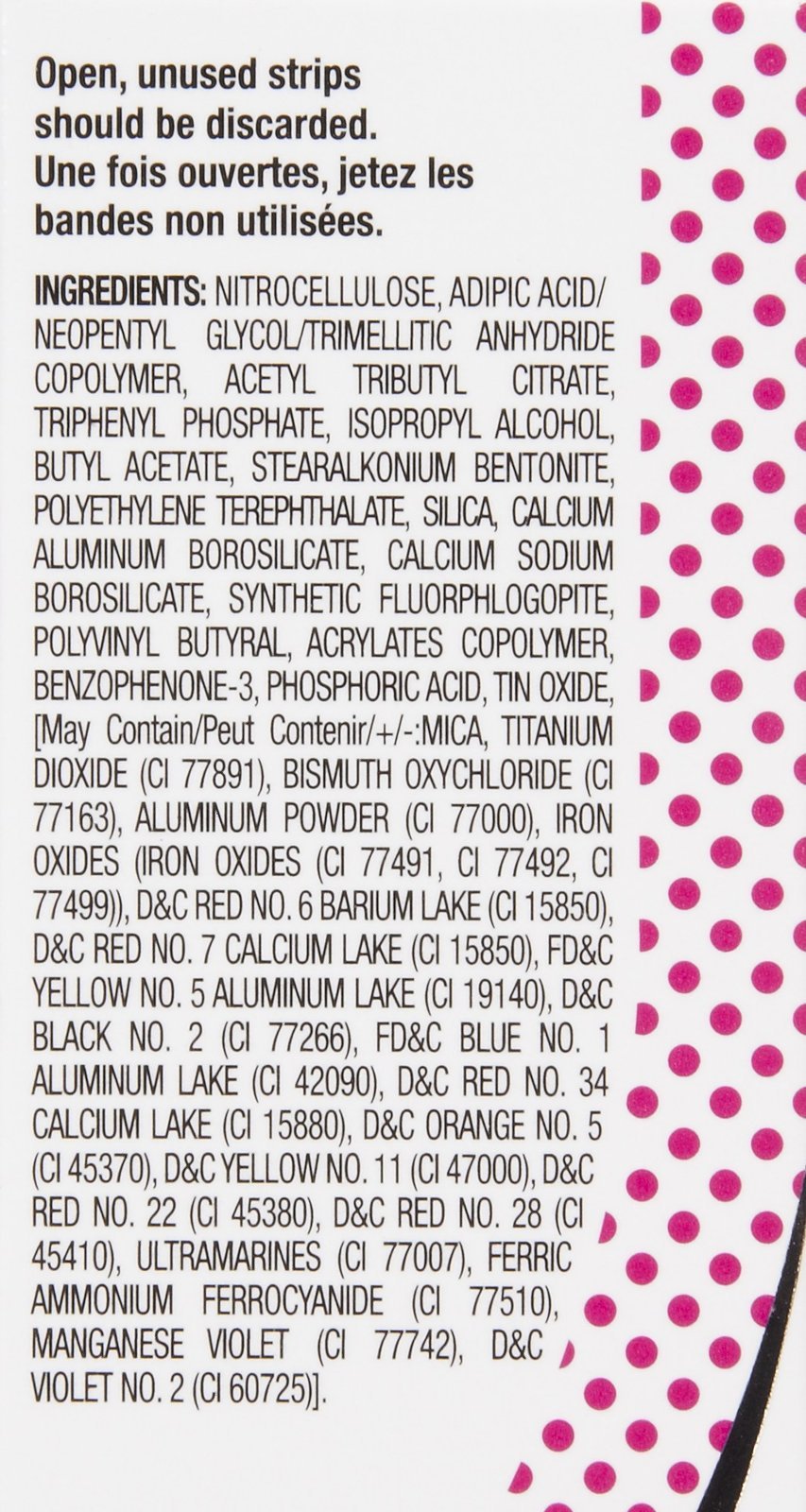 Side panel of the French manicure strip box with ingredients