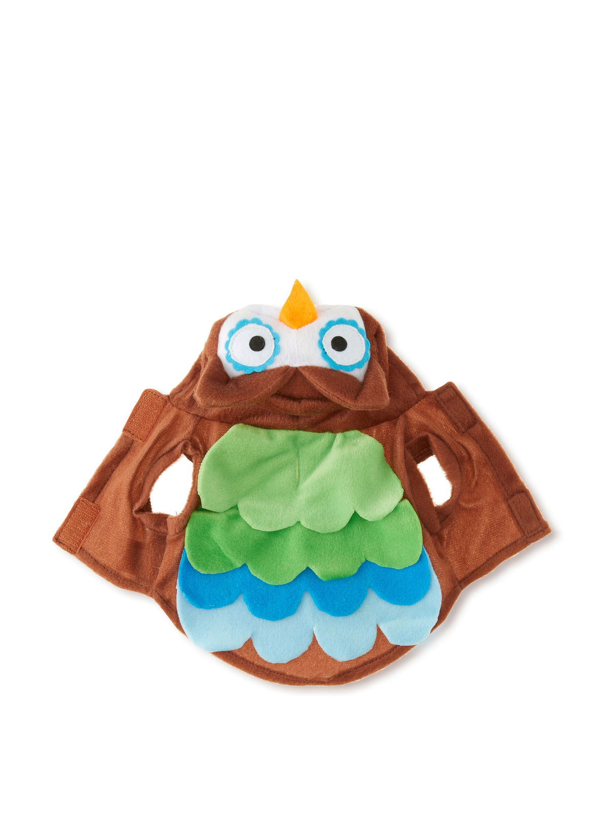 Brown owl dog costume with a big-eyed hood and green and blue felt feathers