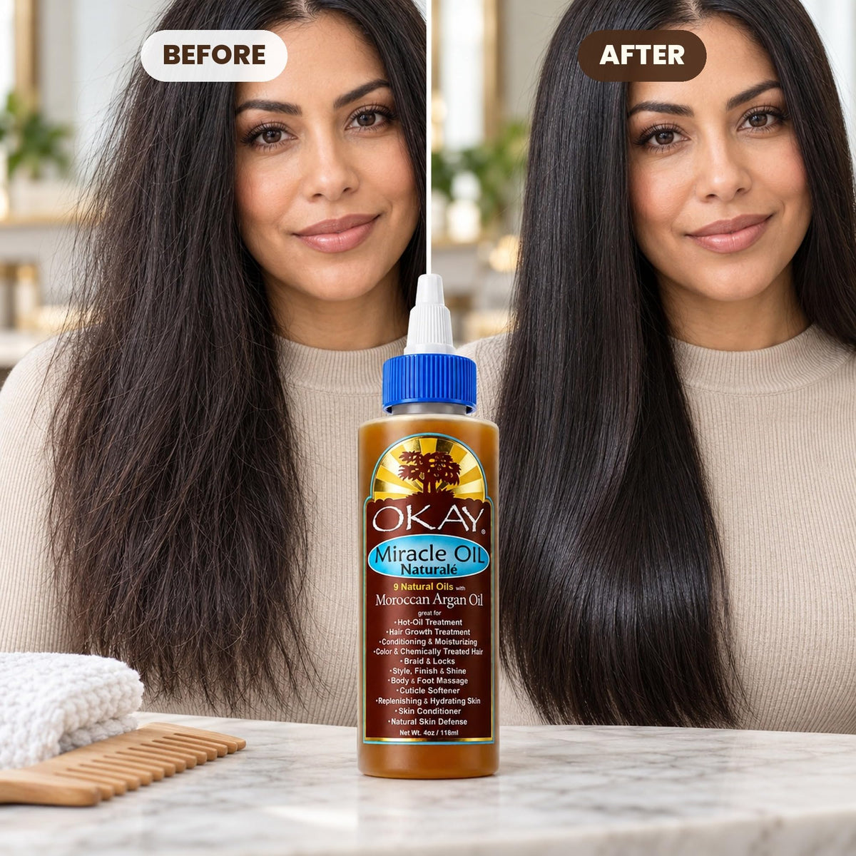 Before and after of long dark hair, frizzy then smooth, with the Miracle Oil bottle