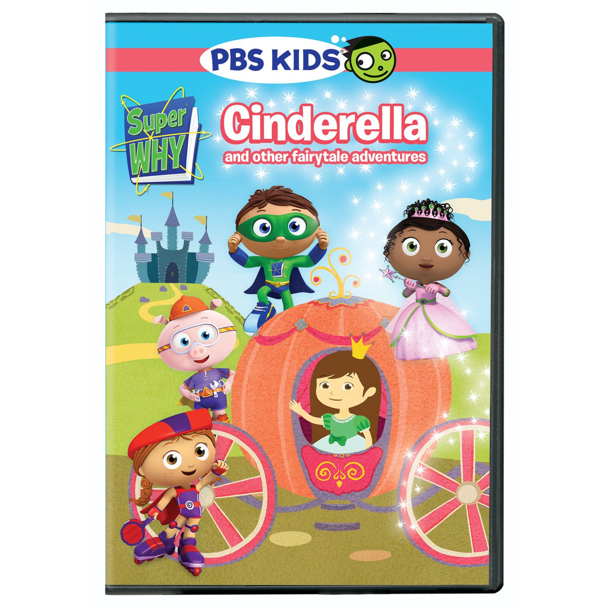 Kids DVD cover with cartoon reading heroes around a pumpkin carriage and a castle