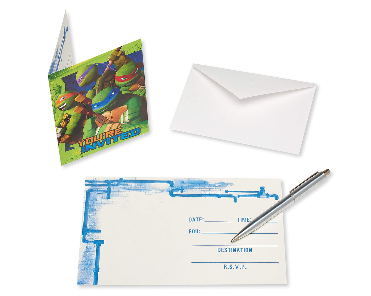 Open turtle invitation with blank date, time, destination and RSVP lines and a pen
