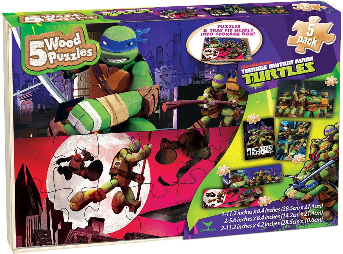 Wooden box of 5 Ninja Turtles jigsaw puzzles with Leonardo and city rooftop scenes