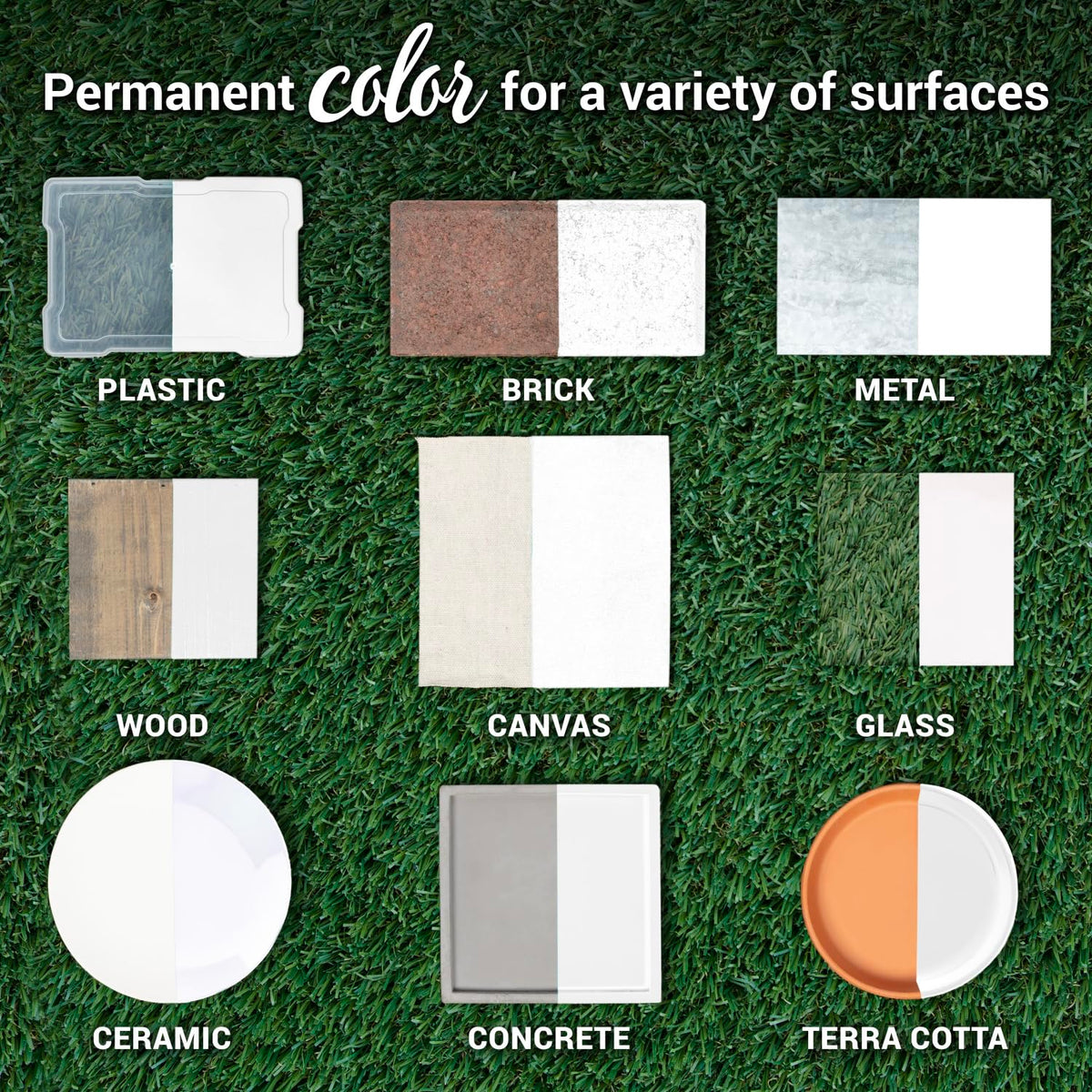 Half-painted swatches on plastic, brick, metal, wood, canvas, glass, ceramic, concrete and terra cotta