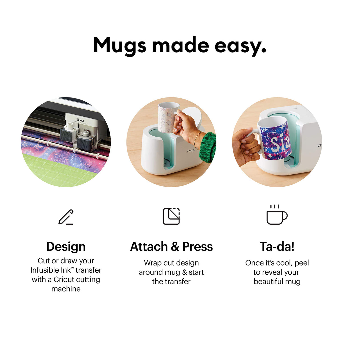 Three steps to make a mug: cut the Infusible Ink design, wrap and press, then peel