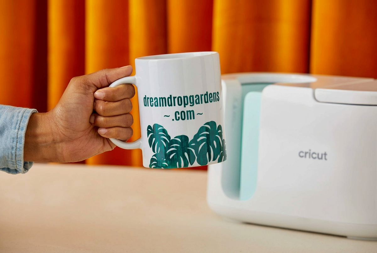 Hand holding a white mug printed with green monstera leaves next to the Cricut Mug Press