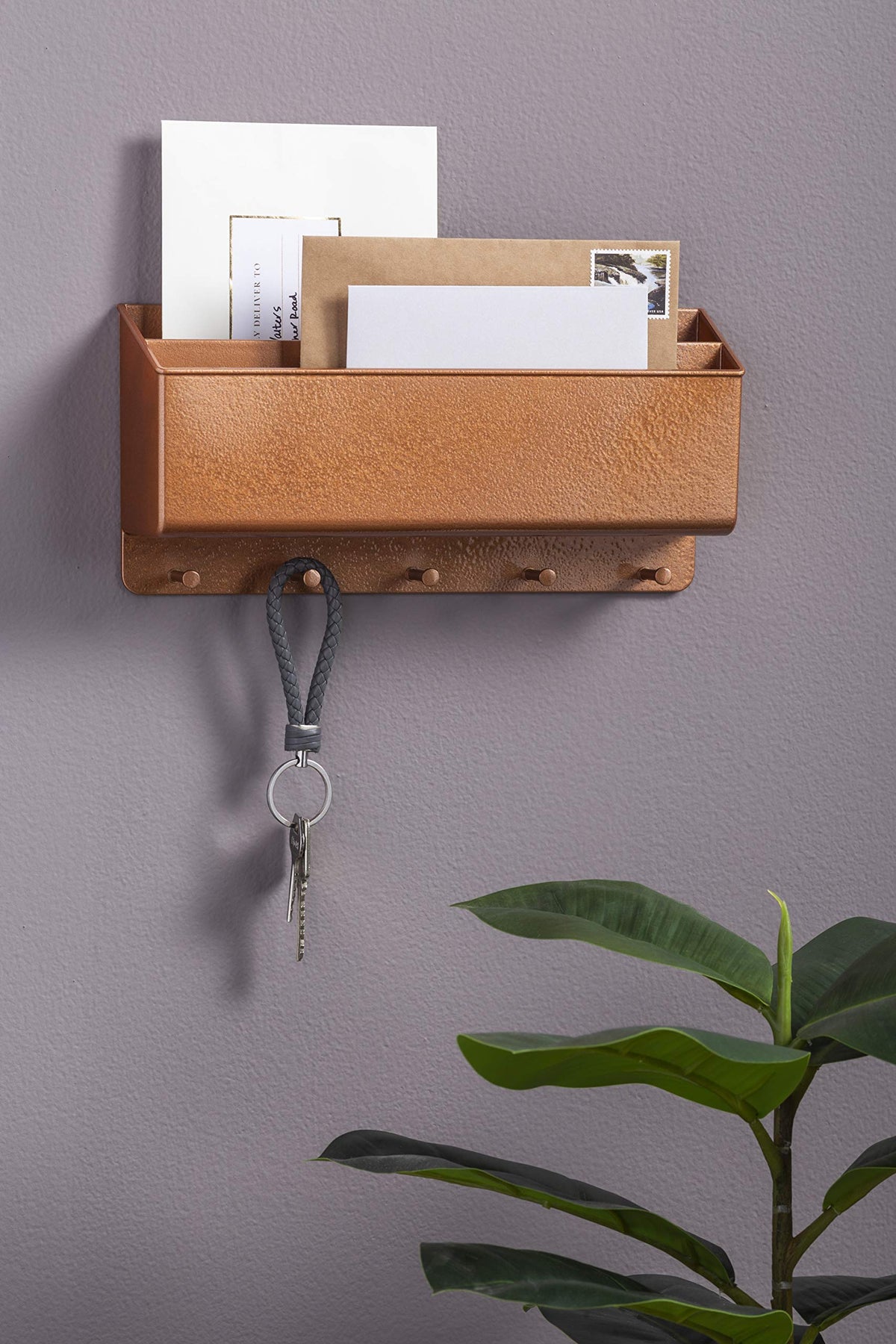 Wall mail organizer with key hooks painted copper hammered, holding envelopes and keys