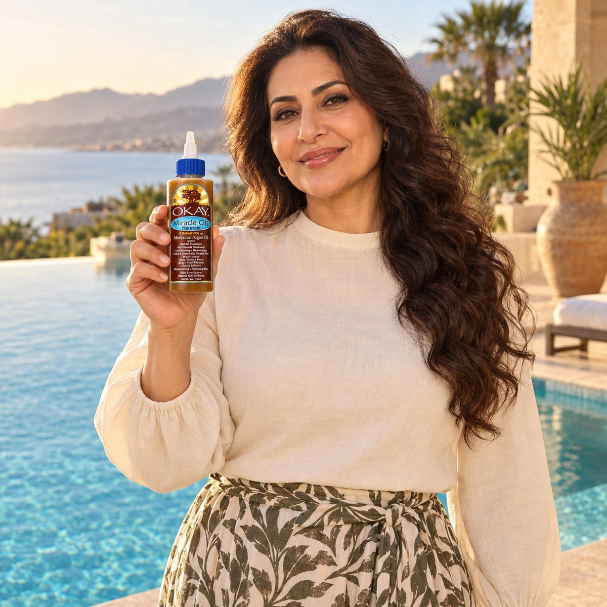 Woman with long wavy hair holding the Miracle Oil bottle by a seaside pool