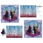 Fabric panel printed with Elsa, Anna, Olaf and Kristoff pillow pieces in a purple forest