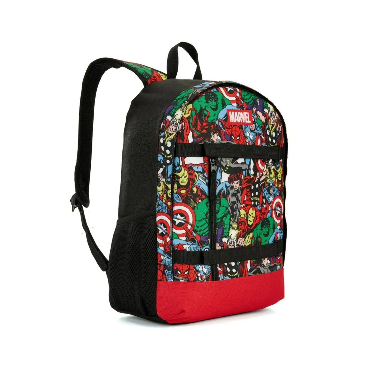 Angled view of the comic hero backpack showing the mesh side pocket and front straps