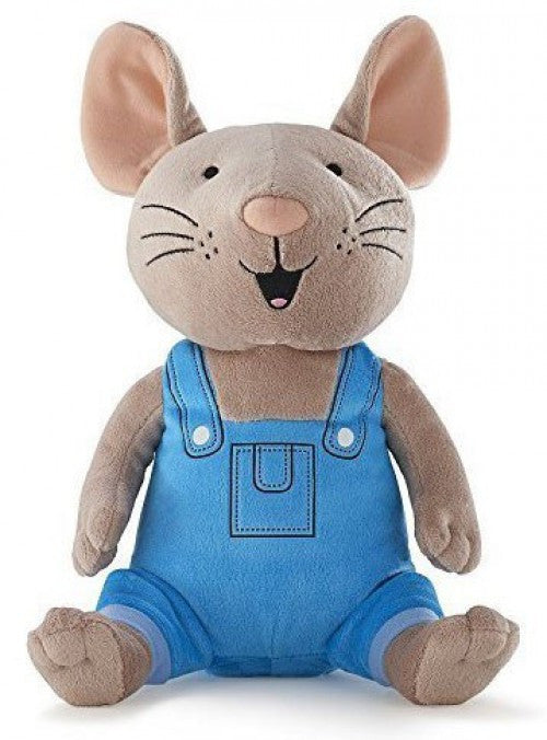Grey mouse plush with big pink ears in blue overalls, sitting