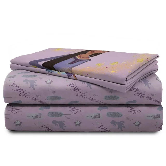 Folded lilac sheets topped with the Asha pillowcase