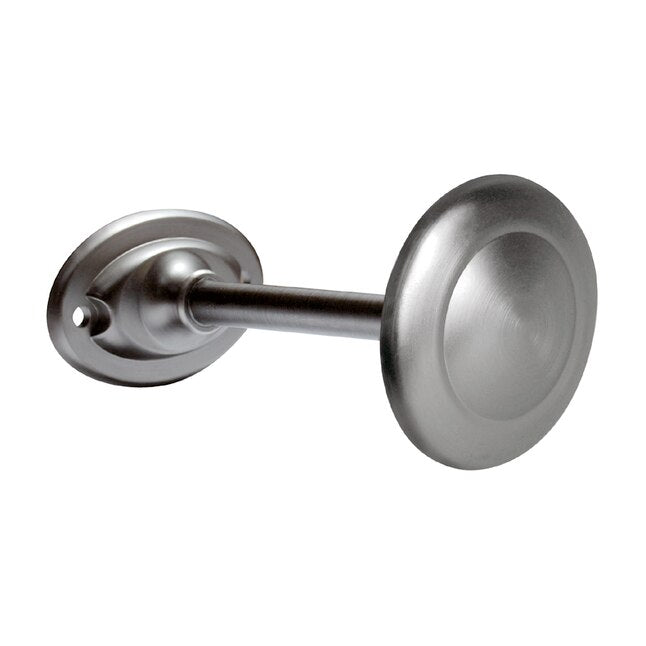 Brushed pewter curtain holdback with a round knob and oval wall plate
