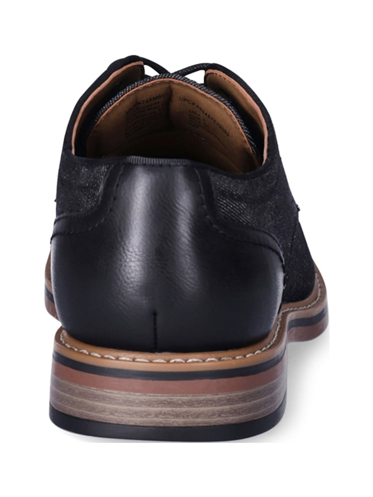 Back of the oxford with a black leather heel cap and stacked heel