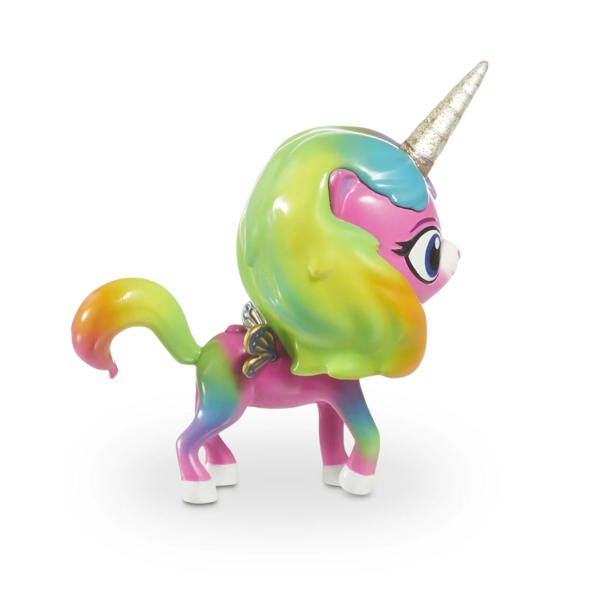 Side view of the rainbow-maned unicorn kitty figure with curled tail
