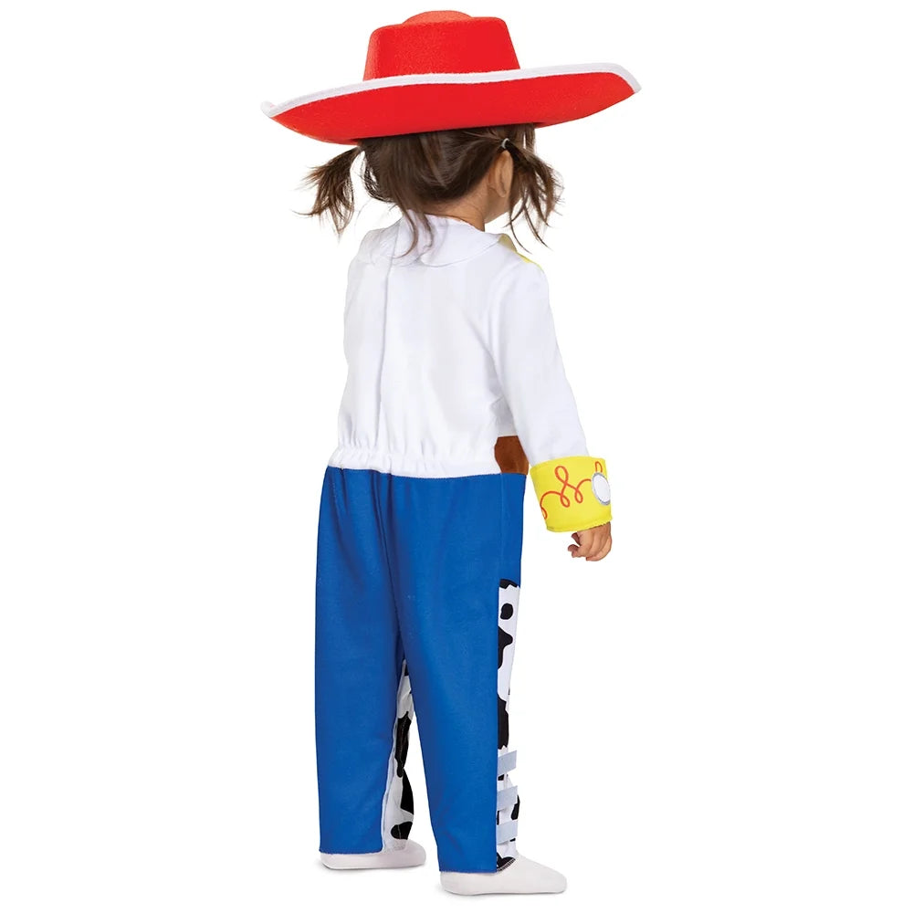 Back view of the cowgirl jumpsuit with blue legs, yellow cuffs and red felt hat