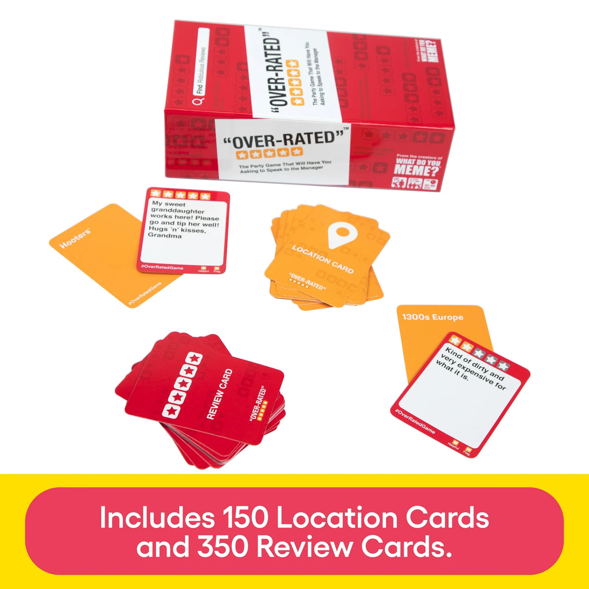 Red game box with orange location cards and red review cards spread out
