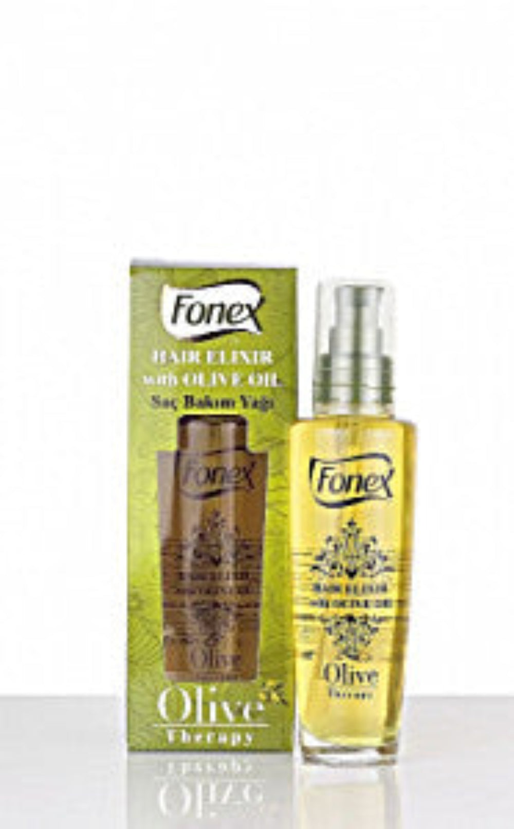 Glass pump bottle of golden olive oil hair elixir beside its green box