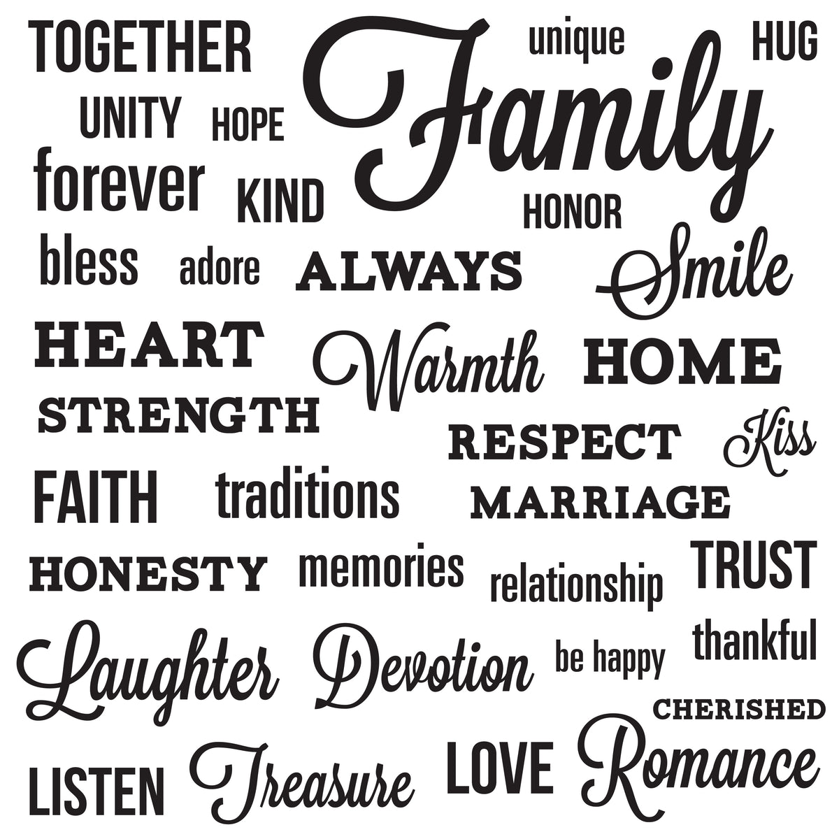 All 35 black word decals laid out separately, from Family and Smile to Treasure and Romance