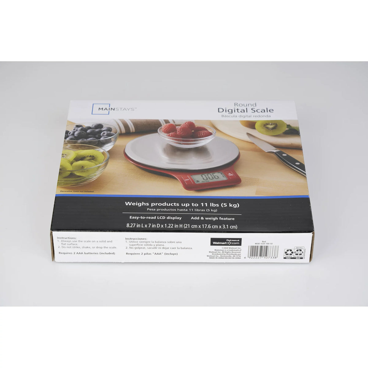Retail box for the round digital scale with a raspberry bowl photo, weighs up to 11 lbs