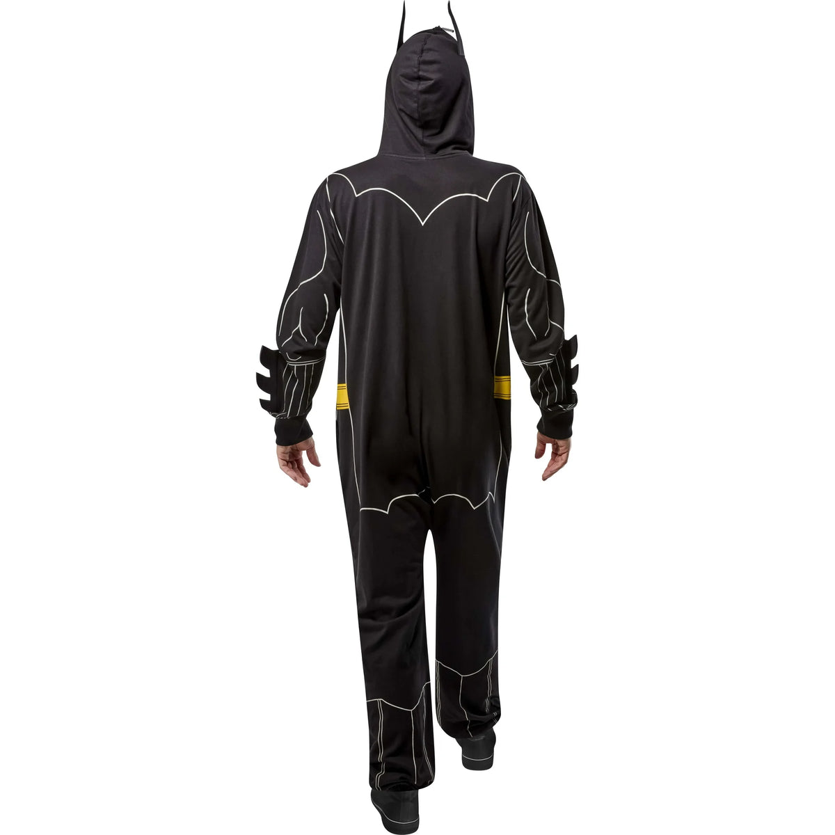 Back view of the black onesie with eared hood, printed cape outline and yellow belt