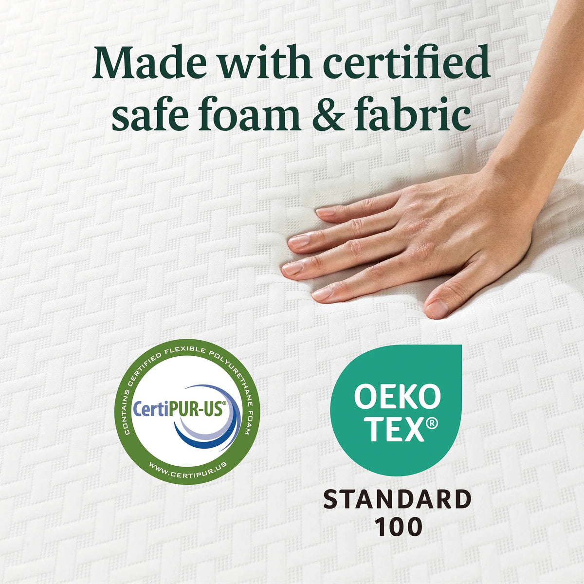Hand pressing the knit mattress cover beside CertiPUR-US and OEKO-TEX badges