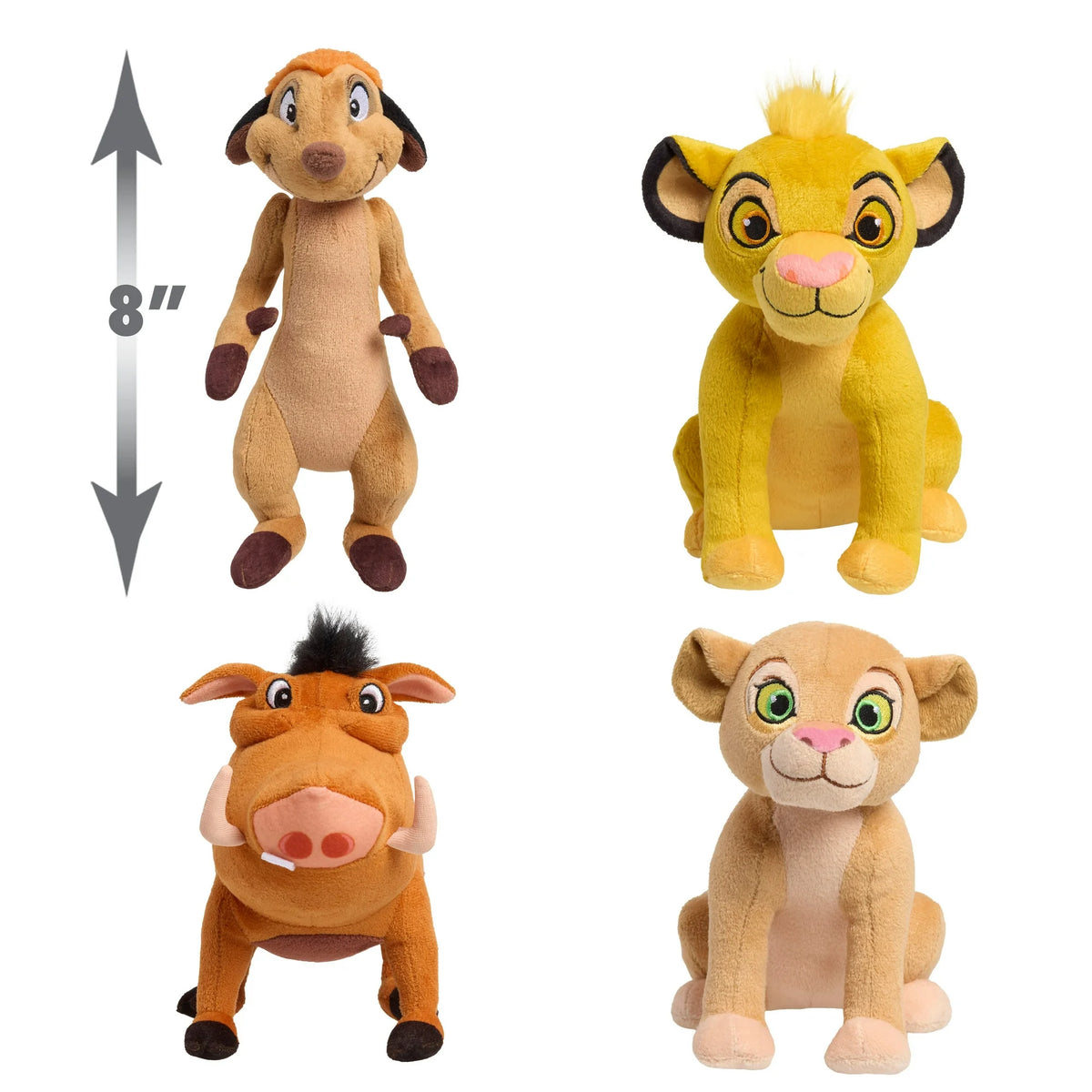 Size guide showing the four plush toys with the meerkat at 8 inches tall