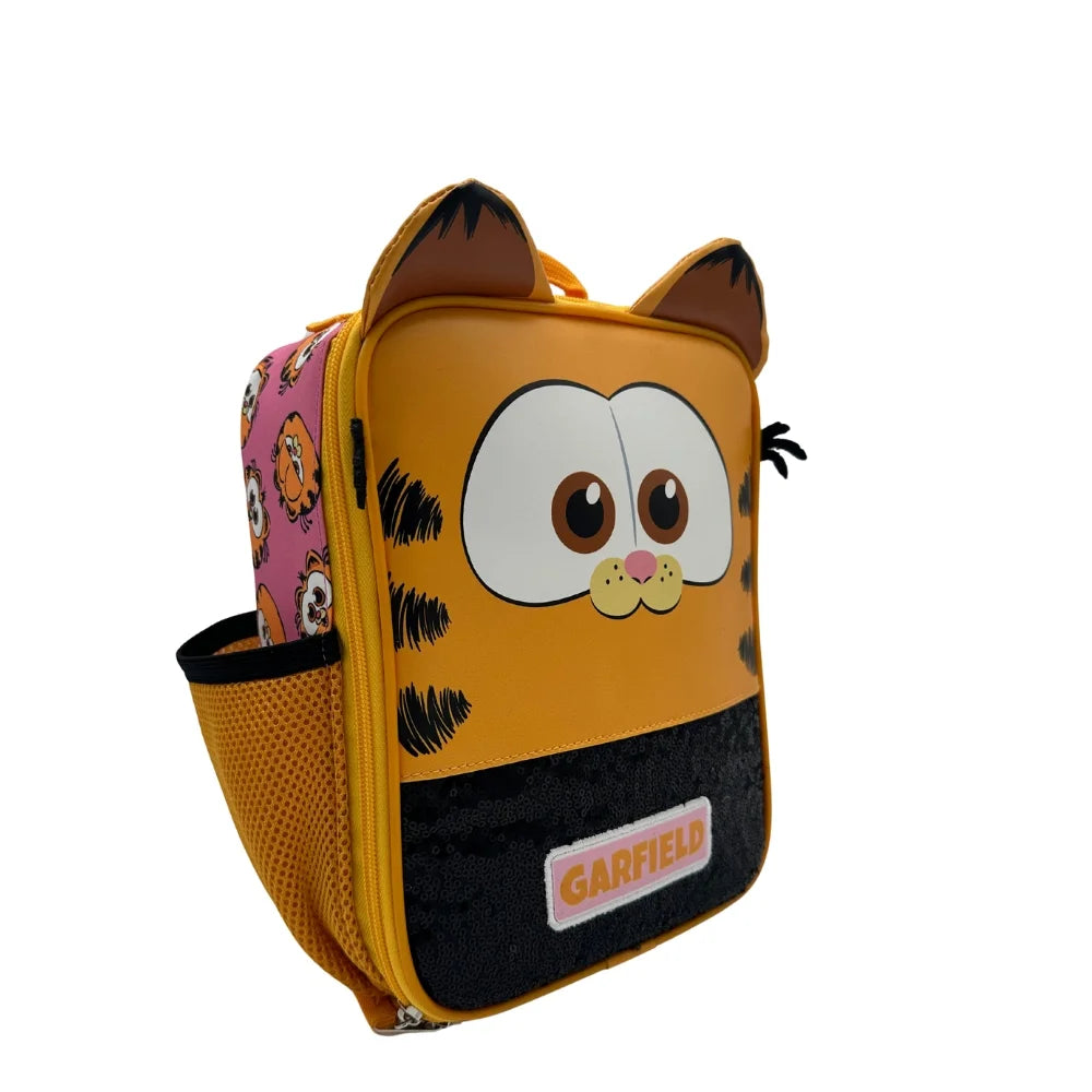 Angled view of the orange cat lunch bag with a mesh bottle pocket