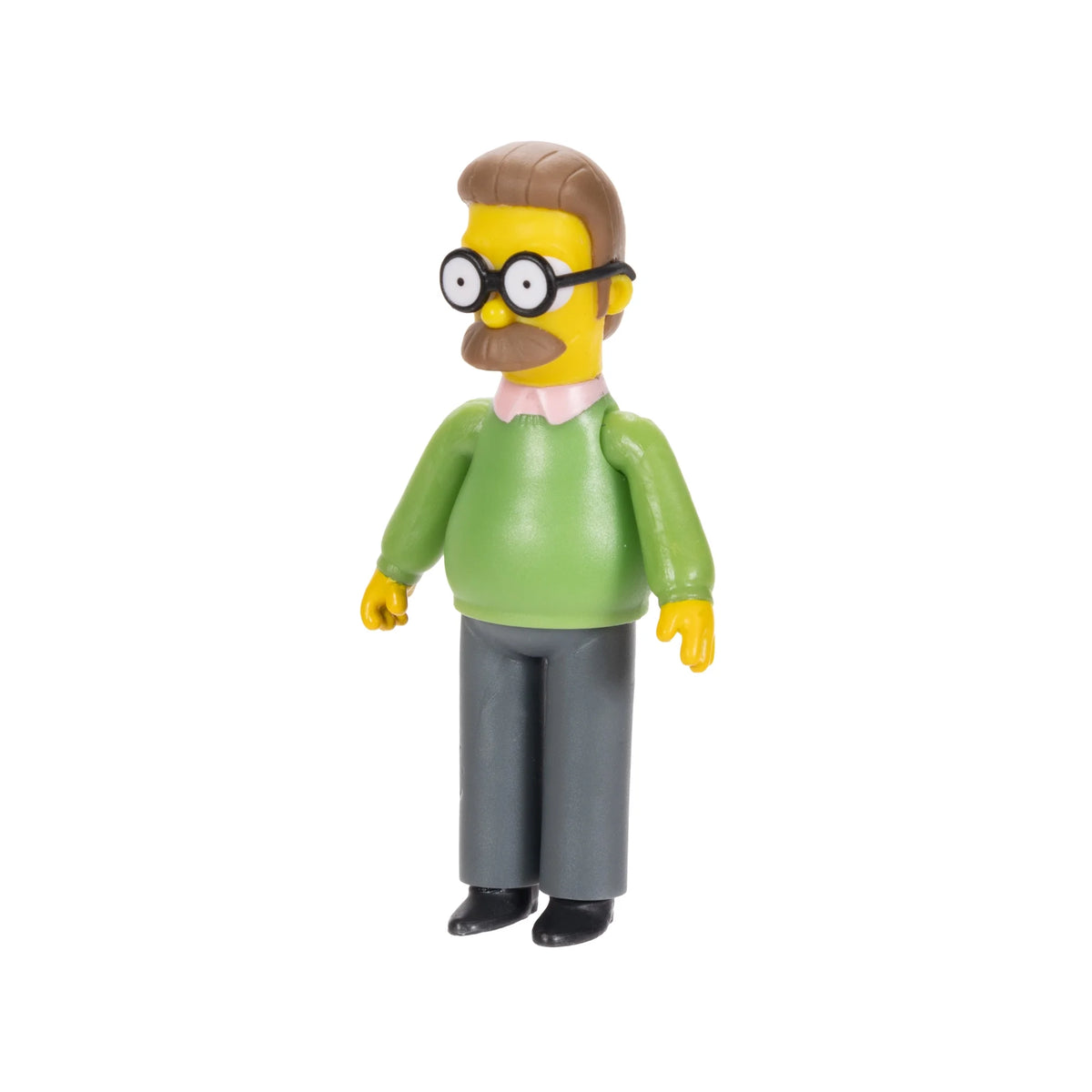 Three-quarter view of the cartoon figure in a green sweater with arms at its sides