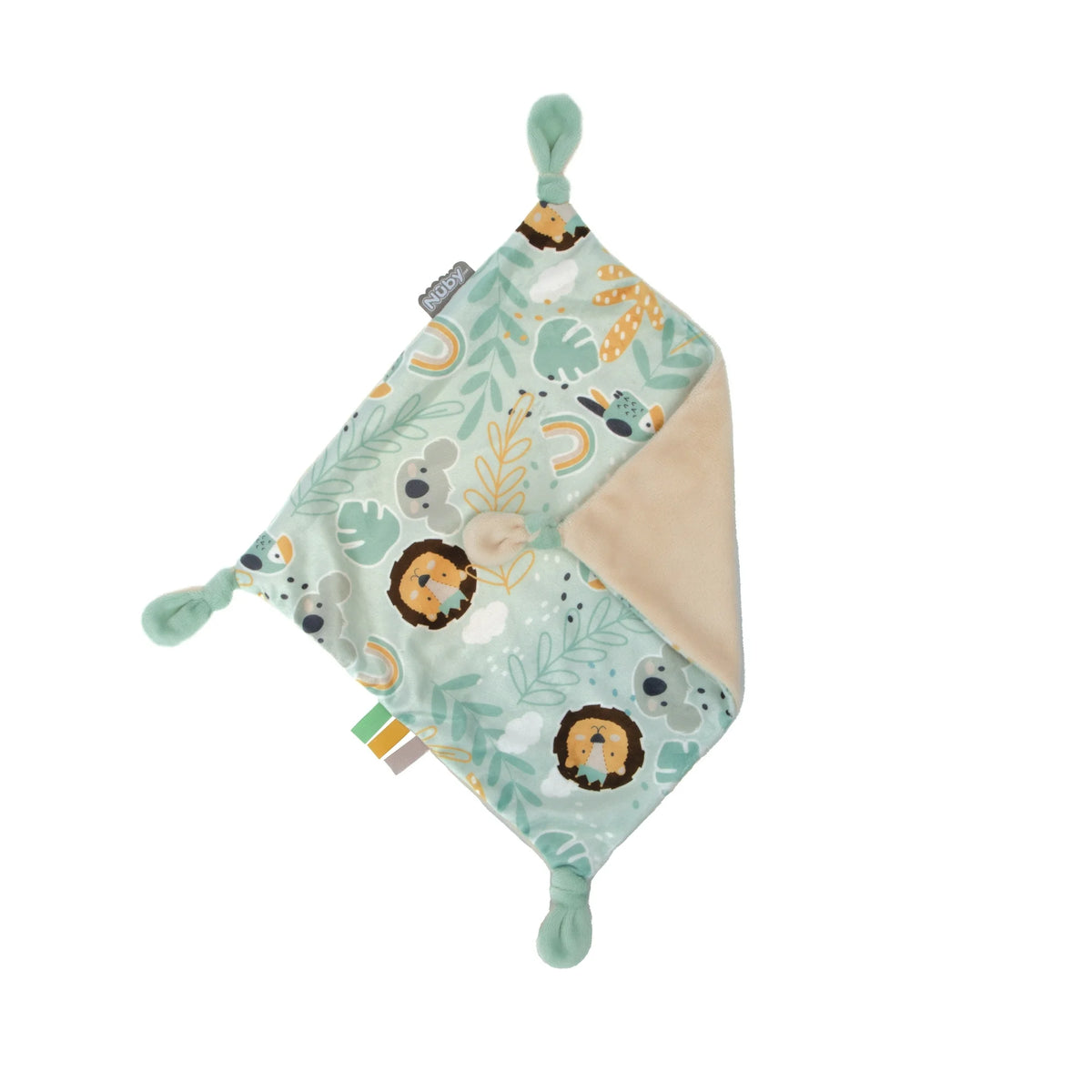 Mint jungle print lovey blanket with knotted corners and a folded tan back