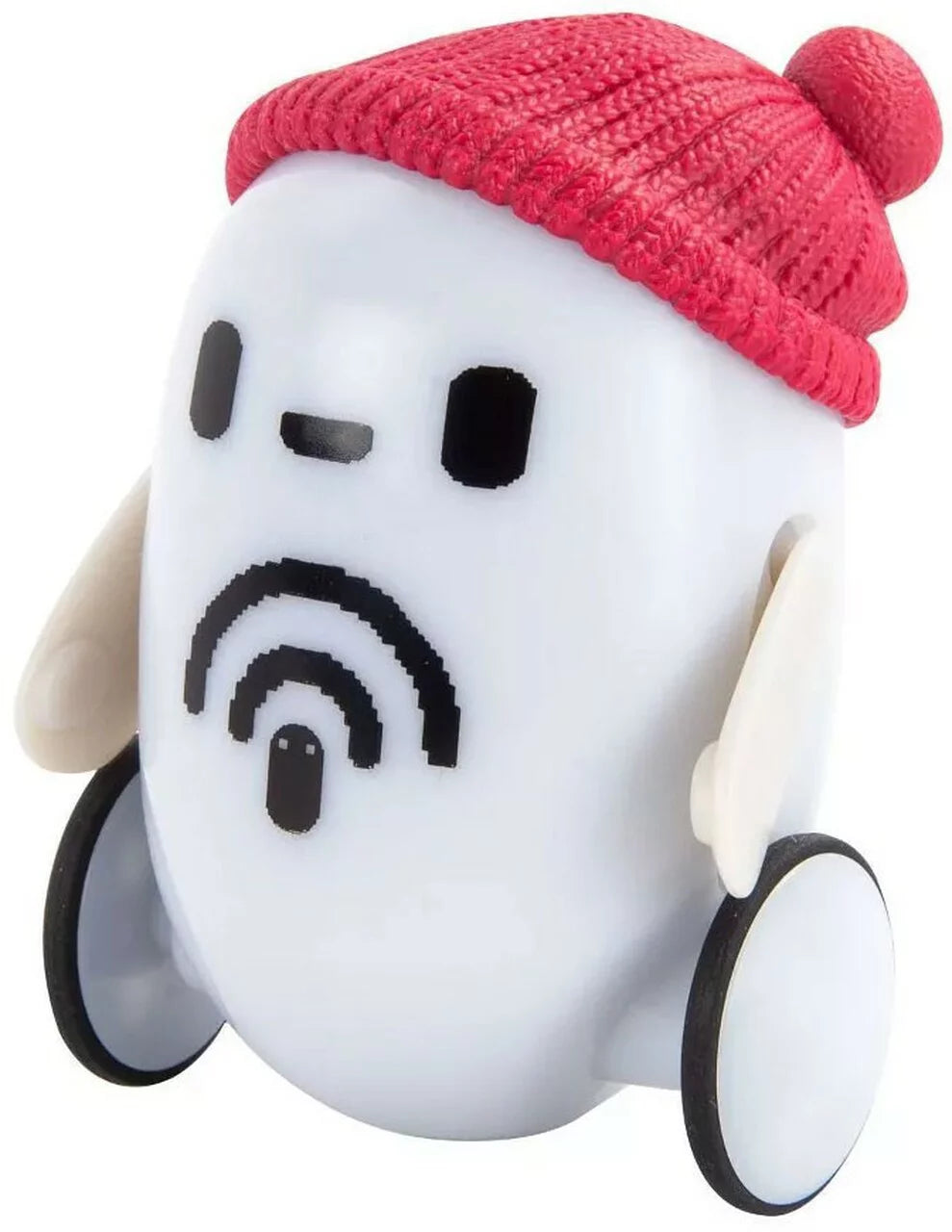 White Ron B-Bot pull-back toy with red knit hat and pixel face on two wheels