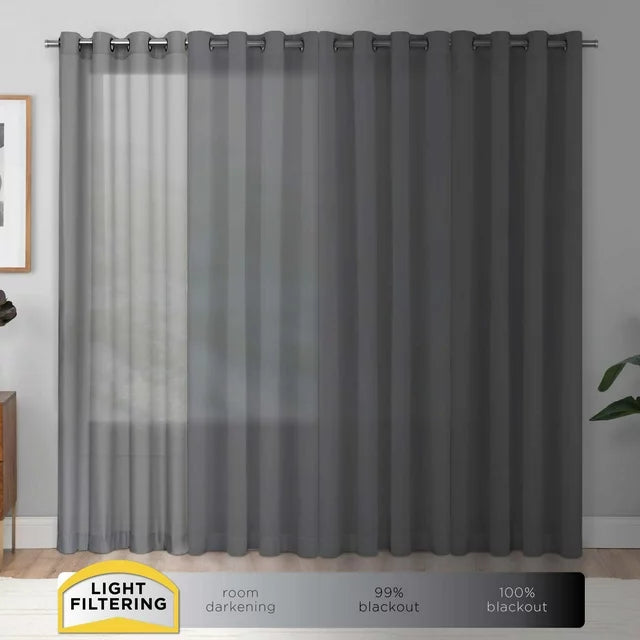 Grey curtains showing light levels from filtering to full blackout
