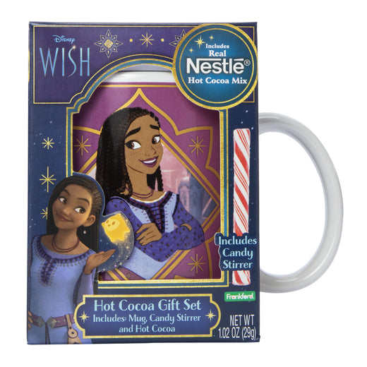 Purple Wish hot cocoa gift box with Asha on the mug and a candy cane stirrer