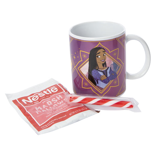Purple Asha mug with a Nestle marshmallow cocoa packet and red striped candy stirrer