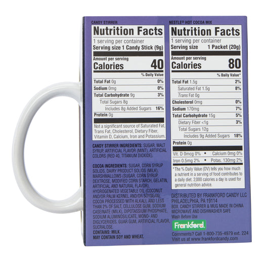 Back of the gift box with nutrition facts for the candy stirrer and cocoa mix
