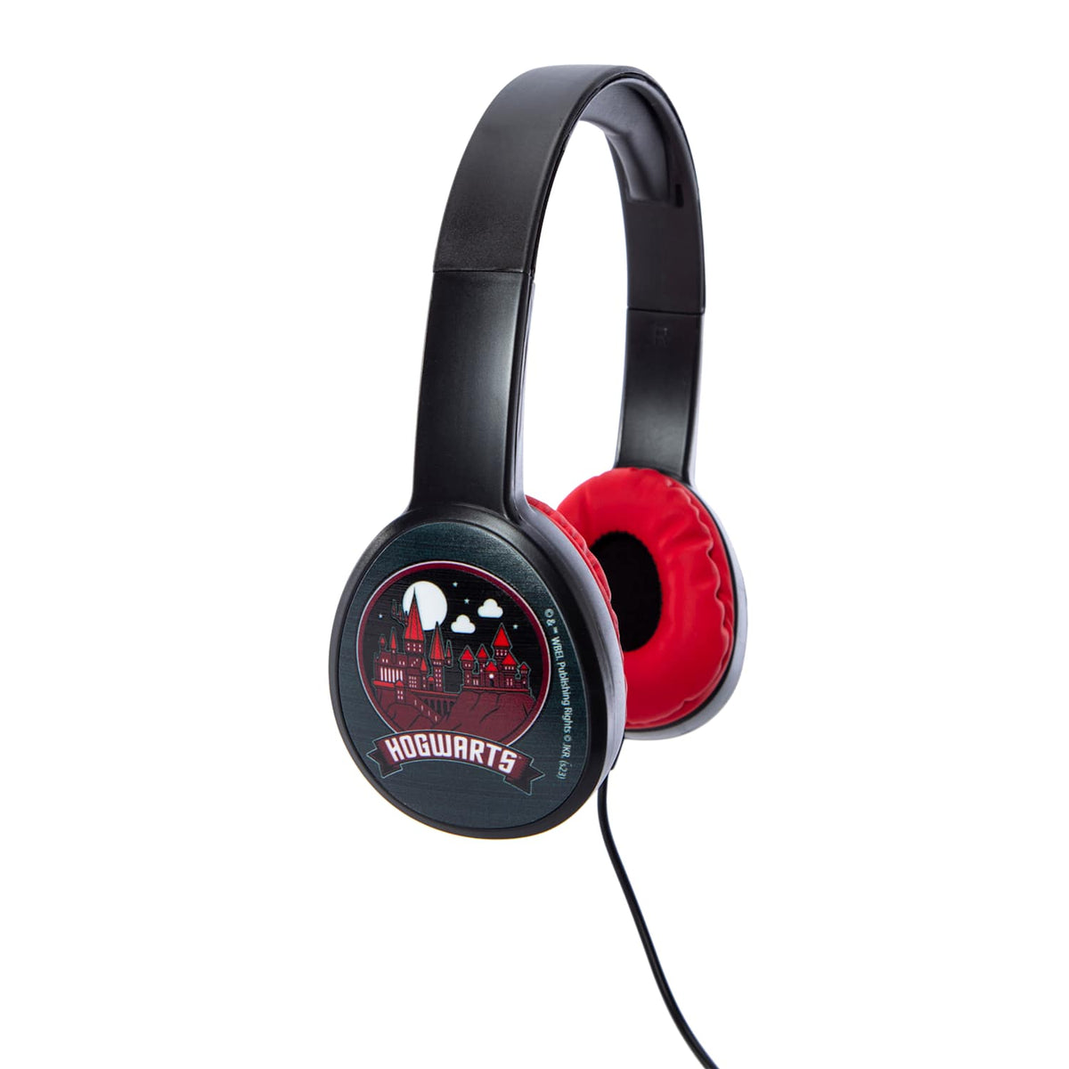 Black wired headphones with red ear cushions and a castle emblem on the earcup