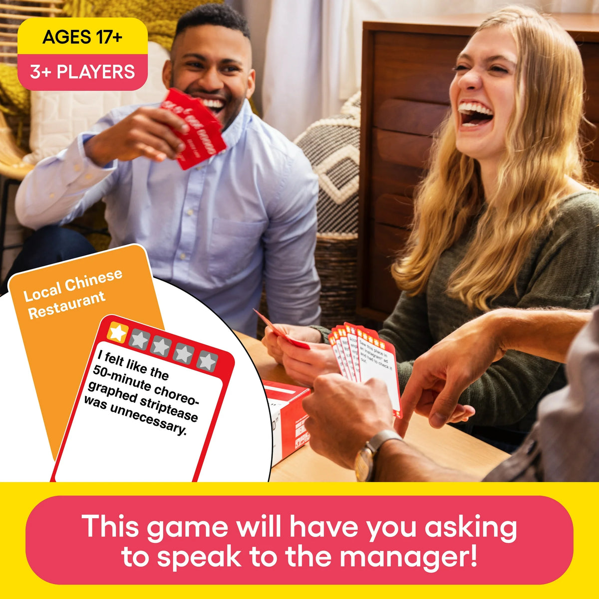 Two adults laughing over cards, ages 17+, 3+ players badge