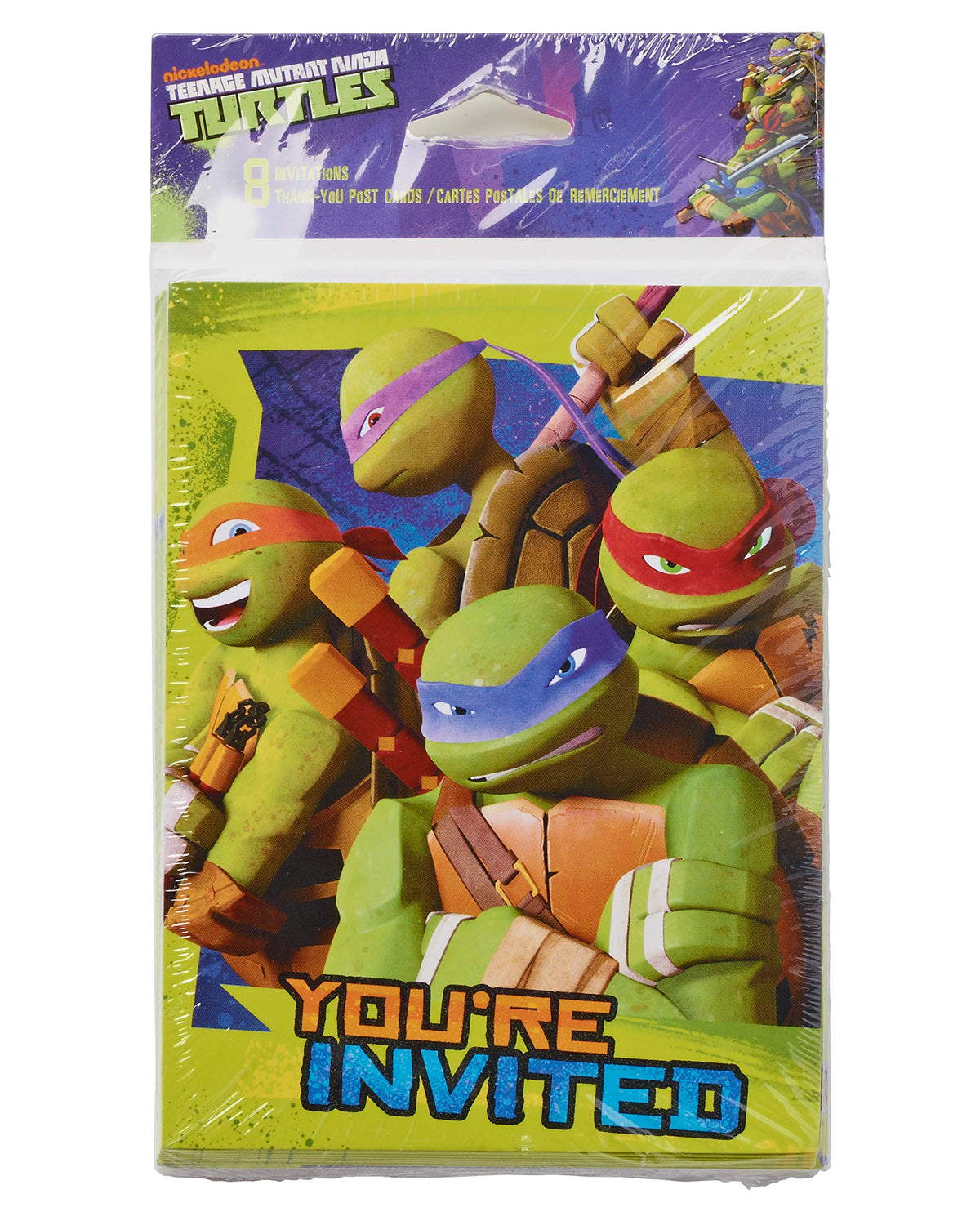 Shrink-wrapped pack of 8 Ninja Turtles invitations and thank-you postcards