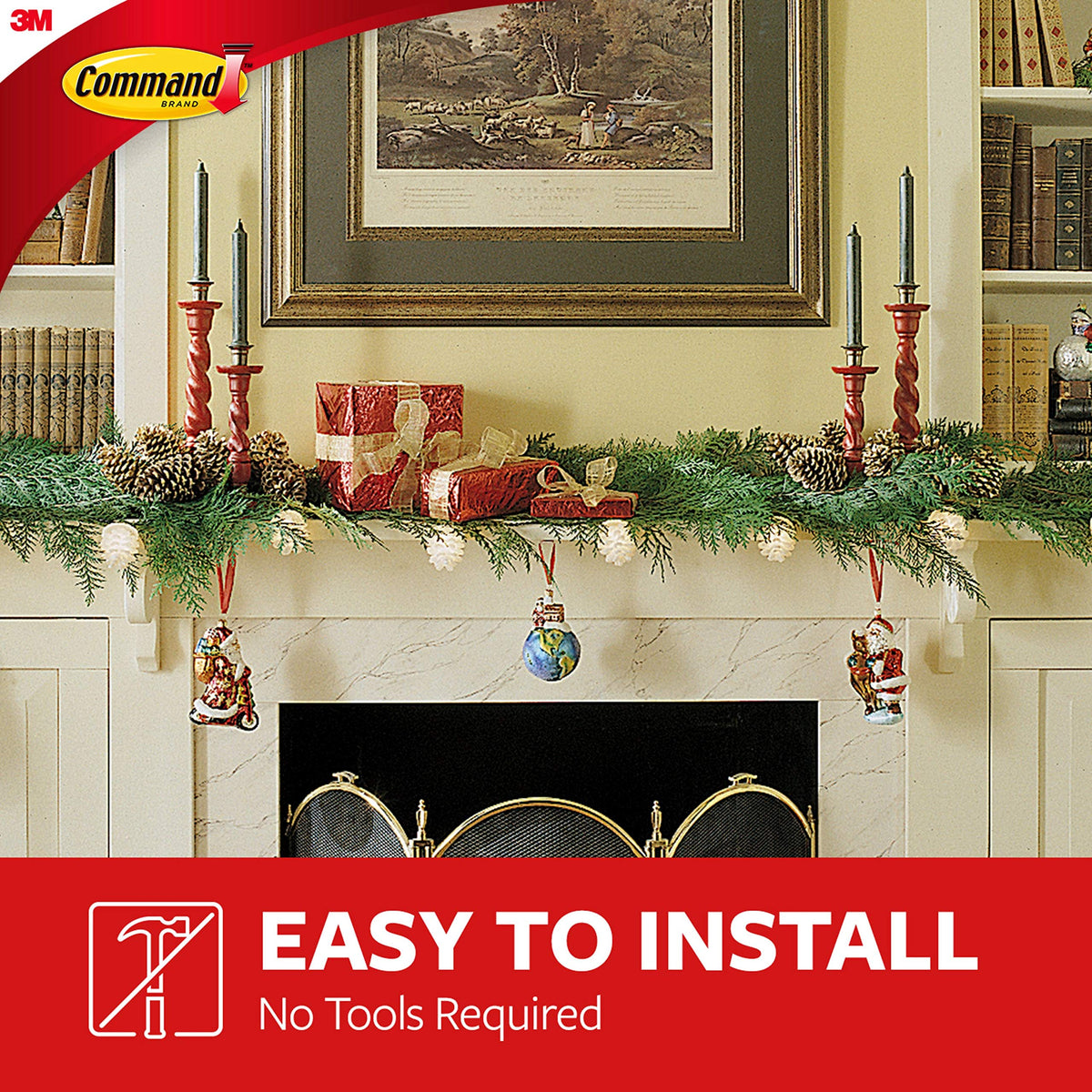 Fireplace mantel with garland and ornaments hung from small clips, no tools required