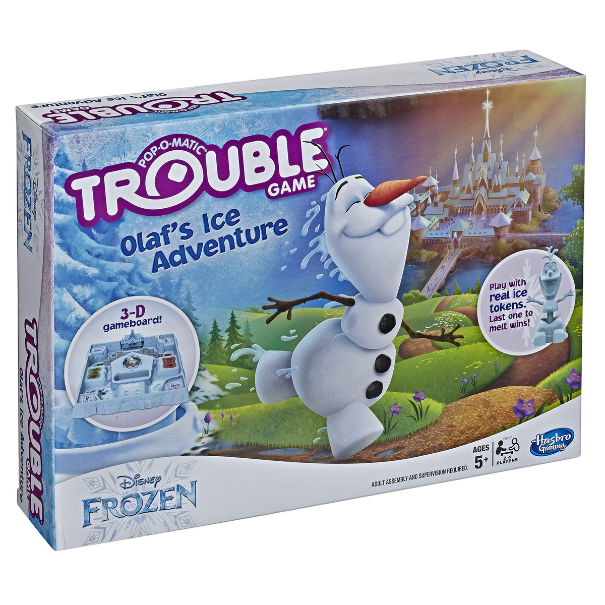 Angled view of the Olaf's Ice Adventure game box, ages 5 and up, 2 to 4 players