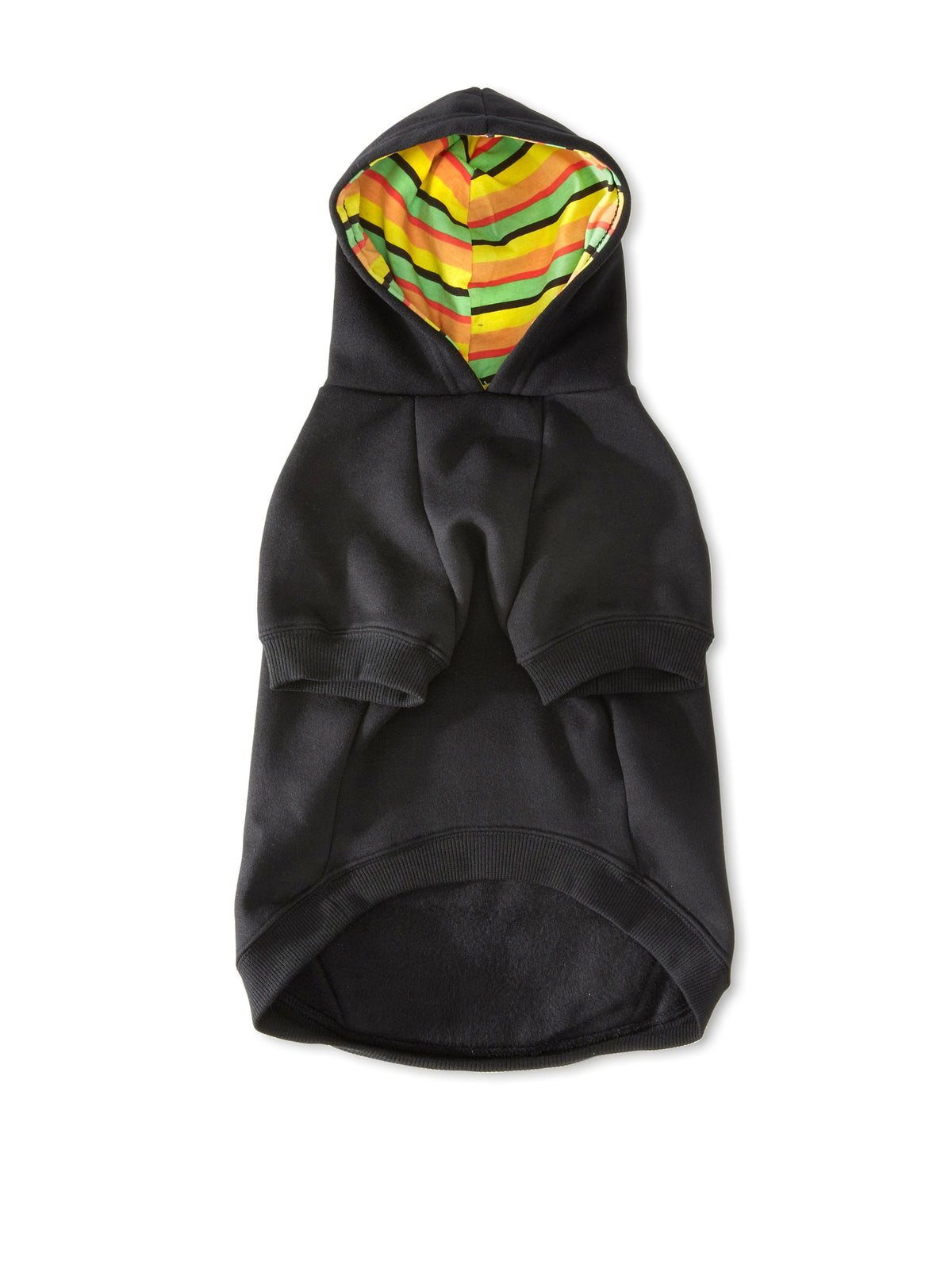 Underside of the black dog hoodie showing a rainbow striped hood lining