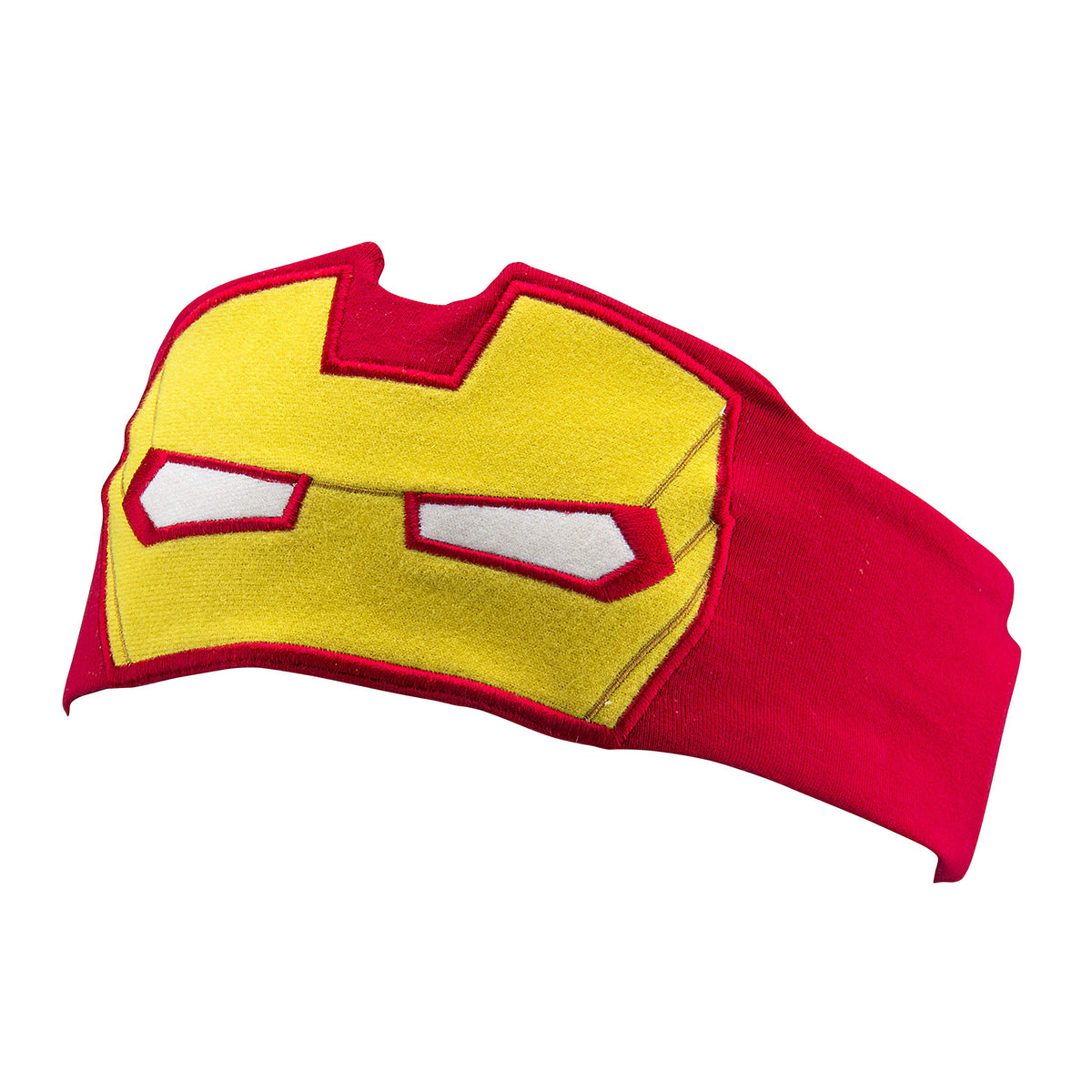 Red headband headphones seen from the left with the yellow mask appliqué