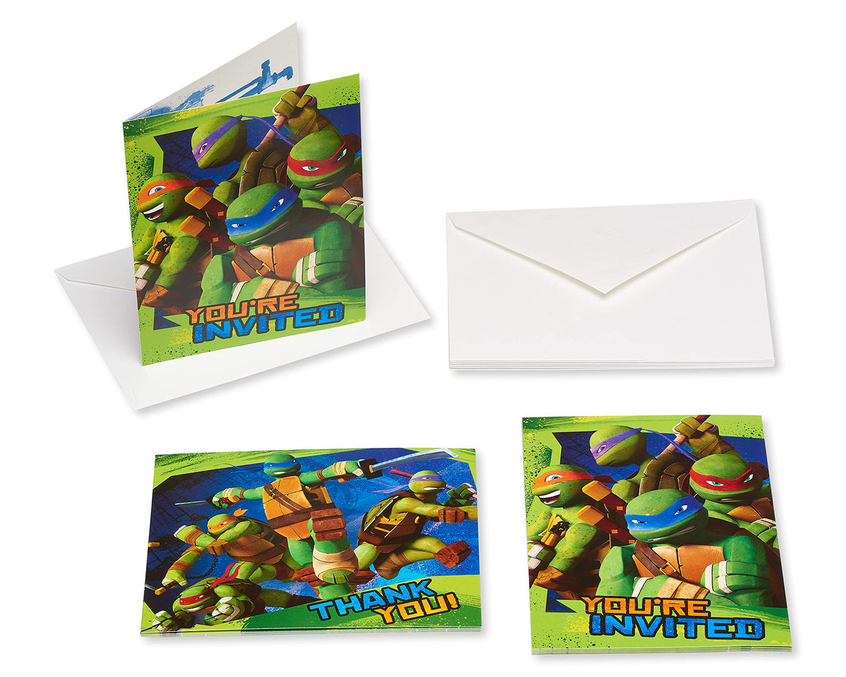 Ninja Turtles invitations, thank-you postcards and a stack of white envelopes