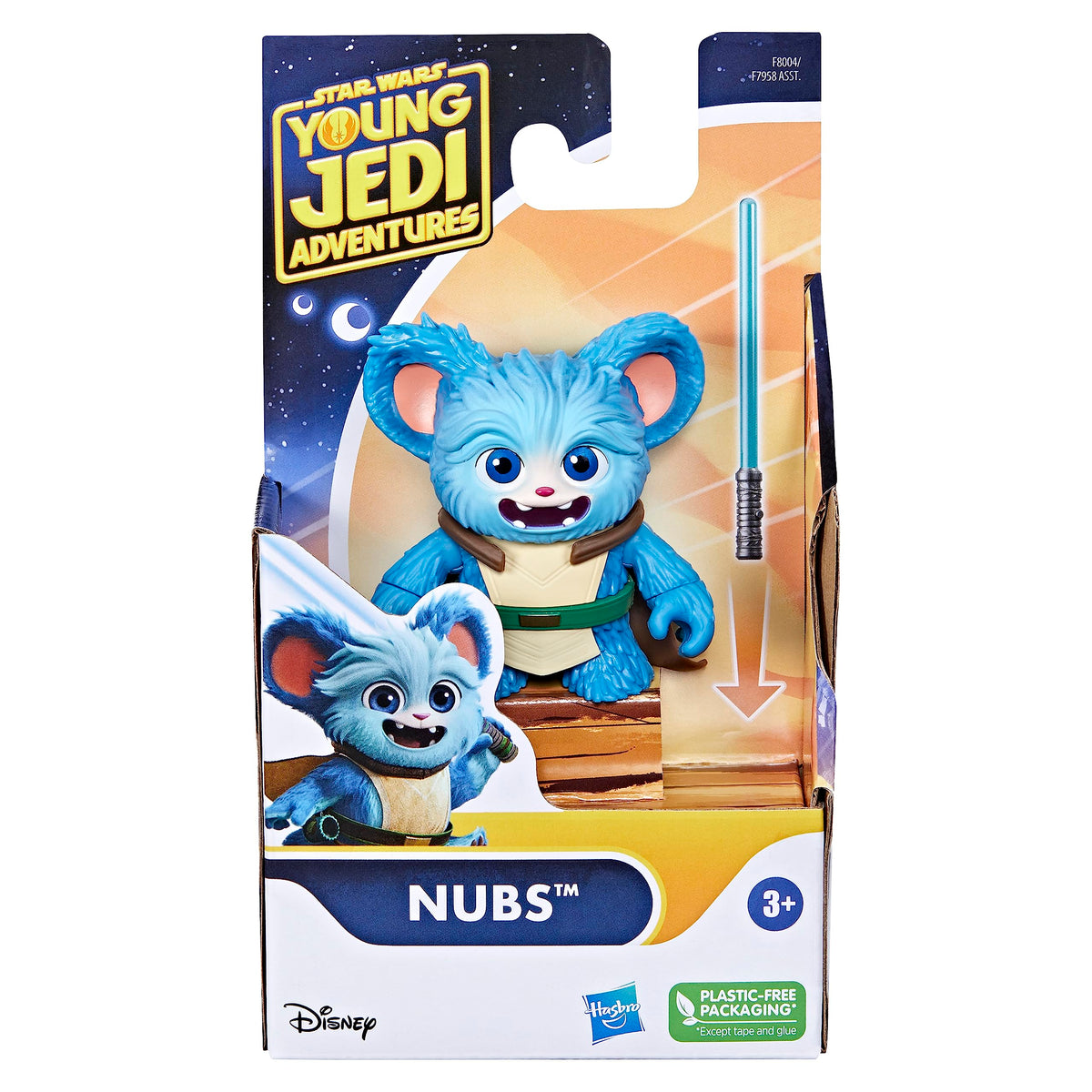 Front of the figure box with the blue furry creature and a separate lightsaber, ages 3+