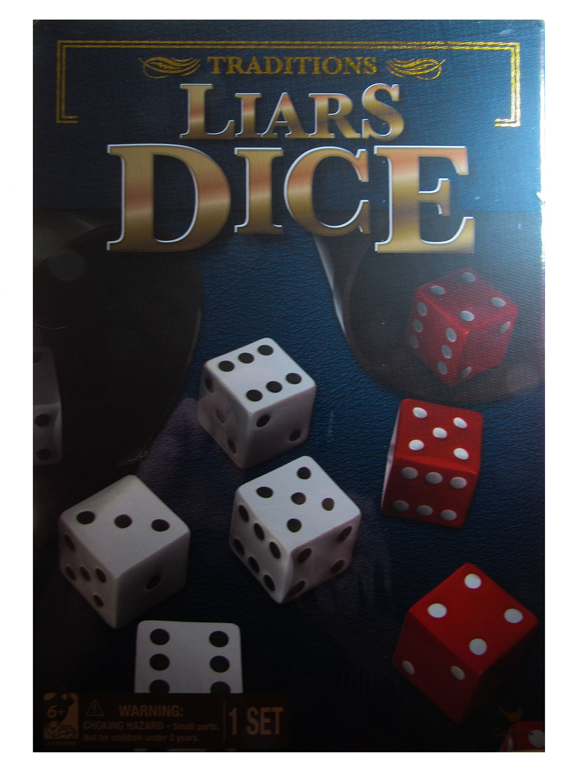 Traditions Liars Dice game box with white and red dice on a dark blue cover