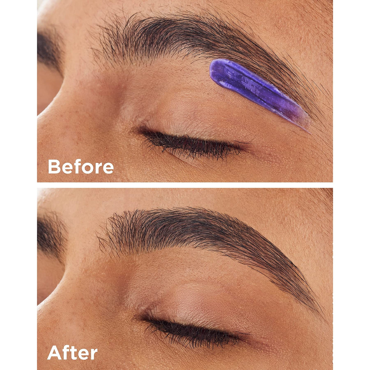 Before and after eyebrow shaping with purple hard wax applied above the eye