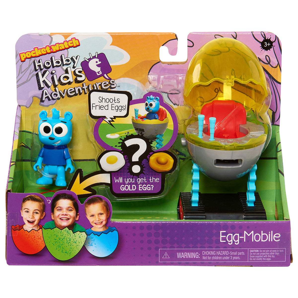 Boxed blue bear figure with a grey and yellow egg vehicle on tank treads