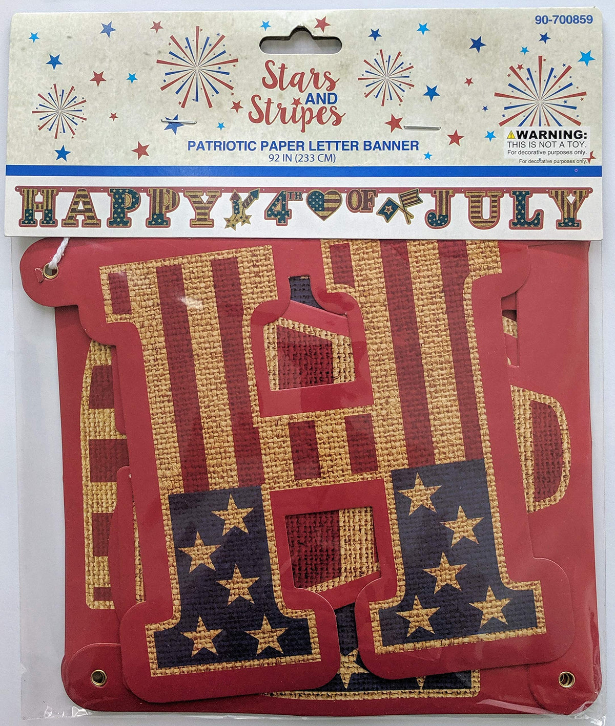 Stars and Stripes Happy 4th of July paper letter banner in package, burlap-look flag letters