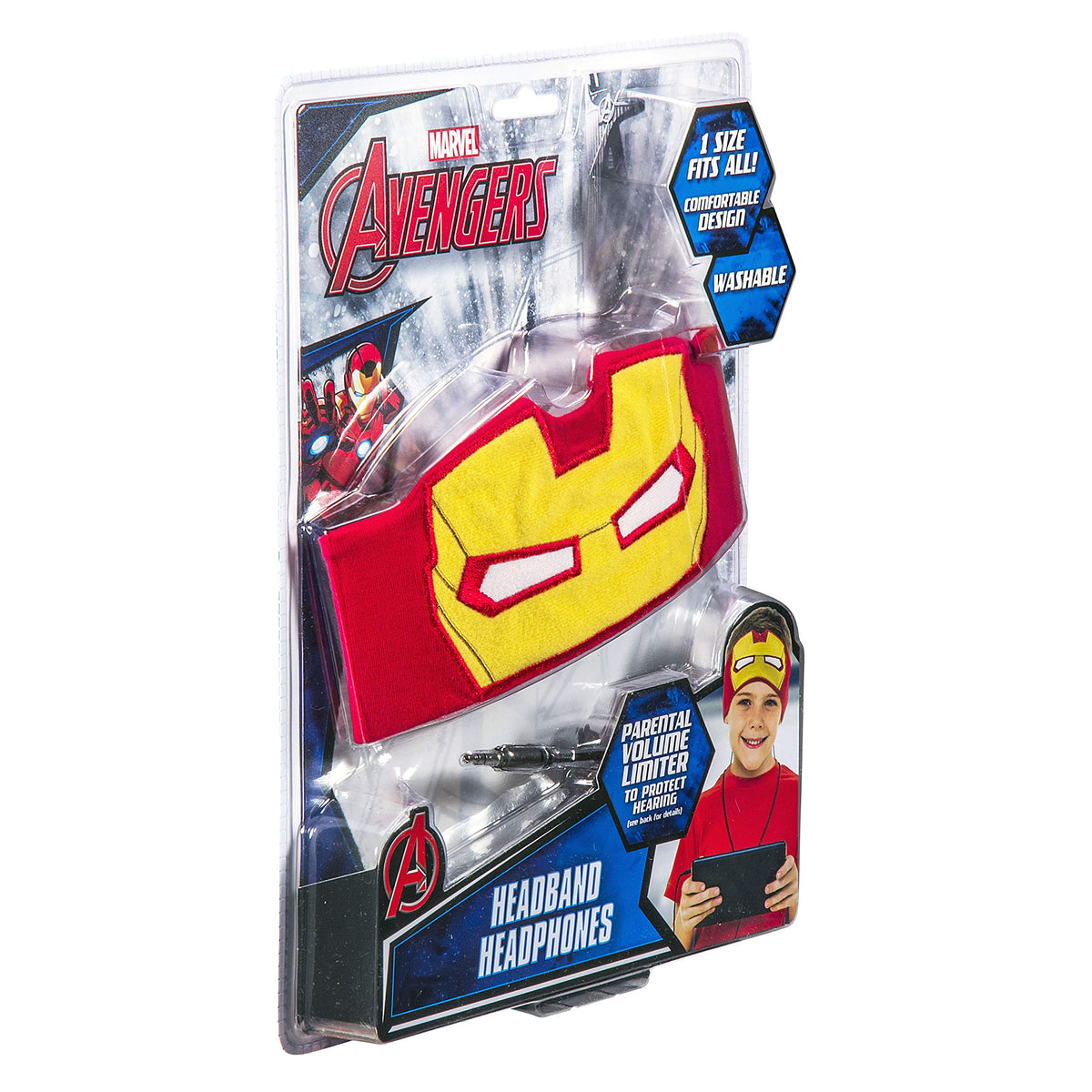 Packaged red and yellow mask headband headphones angled to the right, with volume limiter callout